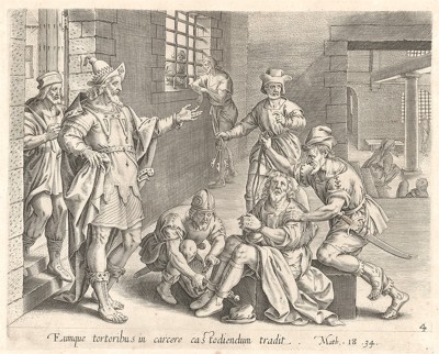 Царь и его должник. Лист из серии "Theatrum Biblicum" (Библия Пискатора или Лицевая Библия), выпущенной голландским издателем и гравёром Николасом Иоаннисом Фишером (предположительно с оригинальных досок 16 века), Амстердам, 1643