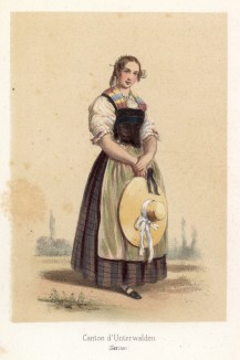 Девушка с соломенной шляпой из местечка Зарнен (кантон Унтервальден). Сoutumes suisses dessinés d'aprés nature, par J.Suter. Париж, 1840