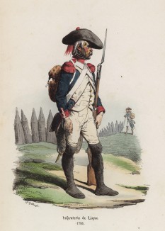 Солдат французской линейной пехоты (1795 год) (из популярной работы Histoire de l'empereur Napoléon (фр.), изданной в Париже в 1840 году с иллюстрациями Ораса Верне и Ипполита Белланжа)