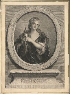 Портрет актрисы Адрианы Лекуврёр (1693-1730) в роли Корнелии из трагедии "Смерть Помпея". Гравюра Пьера-Эмбера Древе  по оригиналу Шарля-Антуана Куапеля, 1730 год. 