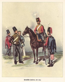 Прусские гусары в 1845 году (из популярной в нацистской Германии работы Мартина Лезиуса Das Ehrenkleid des Soldaten... Берлин. 1936 год)