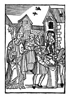 Святой Вольфганг раздает зерно. Из "Жития Святого Вольфганга" (Das Leben S. Wolfgangs) неизвестного немецкого мастера. Издал Johann Weyssenburger, Ландсхут, 1515
