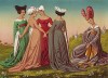 Неделя шляпной моды в средневековой Италии: "рогатый" чепец, омюз и "сахарная голова" (из Les arts somptuaires... Париж. 1858 год)