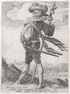 Капитан. Гравюра Якоба де Гейна  из сюиты «Офицеры и солдаты гвардии императора Рудольфа II»,  1587 год. 
