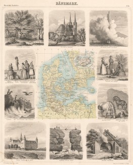 Карта Дании, а также десять картушей, гравированных на стали в 1862 году, с изображениями жителей, животных, пейзажей и памятных мест Датского королевства и острова Исландия. Illustriter Handatlas F.A.Brockhaus. л.14. Лейпциг, 1863
