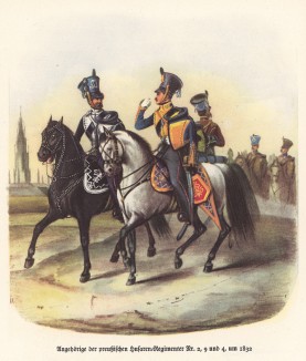 Прусские гусары 2-го, 9-го и 4-го полков в 1832 году (из популярной в нацистской Германии работы Мартина Лезиуса Das Ehrenkleid des Soldaten... Берлин. 1936 год)