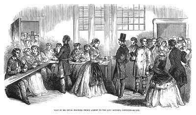 Его Высочество принц Альберт посещает благотворительную столовую для бедняков и безработных, расположенную на лондонской площади Лестер--Сквер (The Illustrated London News №303 от 19/02/1848 г.)