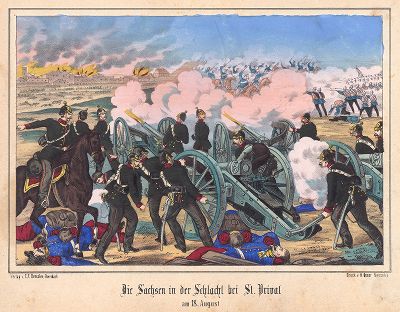 Франко-прусская война 1870-71 гг. Саксонская артиллерия ведет огонь в сражении при Сен-Прива-Гравелот 18 августа 1870 г. Редкая немецкая литография