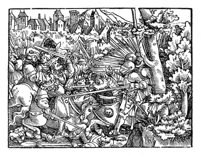 Бургундские войны 1474-77 гг. Смерть бургундского герцога Карла Смелого в битве при Нанси 5 января 1477 г. Неизвестный немецкий мастер для Walter Isenberg / Die Erbkonigreiche. Издал H.Shoensperger, Аугсбург, 1520. Репринт 1931 г.