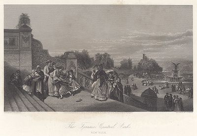 Вид на фонтан и террасу в Центральном парке, Нью-Йорк. Лист из издания "Picturesque America", т.II, Нью-Йорк, 1874.