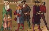 Француз в гупелянде заговаривает со знатной француженкой с детьми, одетой в нормандском стиле (из Les arts somptuaires... Париж. 1858 год)