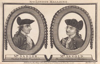 Джеймс Садлер (1753-1828) -- первый британский воздухоплаватель, поднявшийся на сконструированном им воздушном шаре 4 октября 1784. Мистер Арнольд -- неуспешный аэронавт. The New London Magazine от 31 декабря 1785 г. 