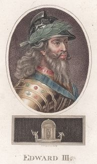 Эдуард III Плантагенет (1312--1377) - король Англии с 1327 года, сын Эдуарда II и Изабеллы Французской. Лист из издания "'Encyclopaedia Londinensis", Лондон, 1797--1829.