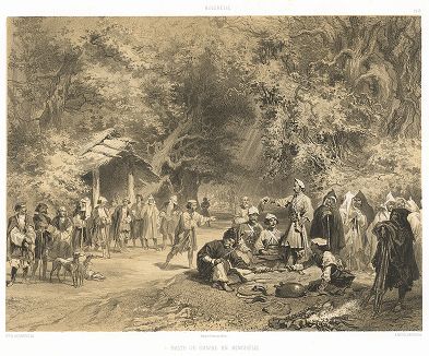 Привал во время охоты в Мегрелии (Мингрели). Le Caucase pittoresque князя Гагарина, л. VI, Париж, 1847