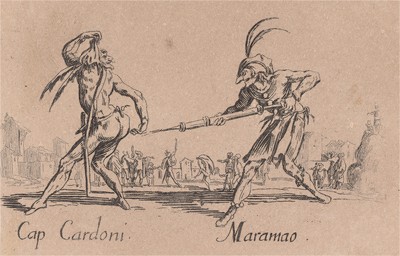 Капитан Кардони и Марамао (Cap. Cardoni - Maramao). Из цикла офортов конца 19 века, выполненного по серии гравюр Жака Калло "Balli Di Sfessania" (Танцы беззадых (бескостных)), в которой он изобразил персонажей итальянской "Комедии дель Арте"