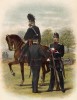 Стрелок, унтер-офицер и офицер голландской армии (иллюстрация к работе Onze krijgsmacht met bijshriften... (голл.), изданной в Гааге в 1886 году)