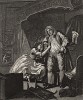 После, 1736. На второй гравюре из серии «До и После» женщина тоскует, мужчина растерян. Амур на стене как бы указывает жестом: «Посмотрите, что вышло». Зеркало разбито, туалетный столик перевернут. Собачка, охранявшая женскую честь, спит. Геттинген, 1854