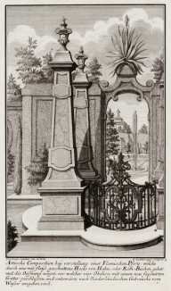 Вход в летний парк, обрамлённый двумя обелисками. Johann Jacob Schueblers Beylag zur Ersten Ausgab seines vorhabenden Wercks. Нюрнберг, 1730