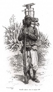 Алжирский стрелок при полной выкладке в униформе образца 1886 года (из Types et uniformes. L'armée françáise par Éduard Detaille. Париж. 1889 год)