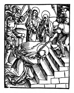 Иисус Христос, падающий на лестнице под тяжестью креста. Из Speculum Passionis. Гравировал Ганс Бальдунг Грин, издал Ульрих Пиндер. Нюрнберг, 1507