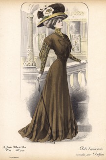 Парижанка в изысканном платье шоколадного цвета и шляпе, отороченной мехом. Всё - Redfern (Les grandes modes de Paris за 1907 год).
