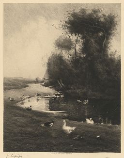 Пруд с гусями. Офорт С. Лопюижана, 1908. 