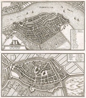 Города Дордрехт (Dordracum) и Брилле (Brielle). План составил Маттеус Мериан для работы Topographia palatinatus Rheni et vicinarum regionum. Франкфурт-на-Майне, 1695
