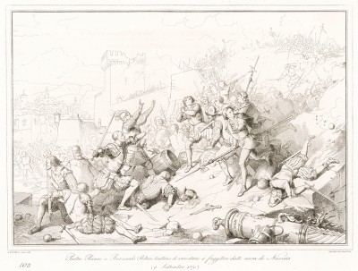 9 сентября 1570 года. Пьетро Пизани и Бернардо Полани пытаются сдержать венецианских солдат, бегущих от стен осаждённой турками Никосии. Storia Veneta, л.108. Венеция, 1864