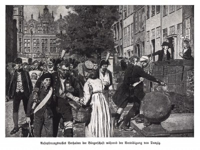 Май 1807 г. Жители Данцига разводят по домам раненых прусских солдат. Илл. Карла Рехлинга, Die Deutschen Befreiungskriege 1806-15. Берлин, 1901