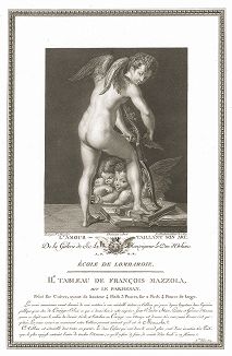 Купидон, вырезающий свой лук, приписываемый кисти Пармиджанино. Лист из знаменитого издания Galérie du Palais Royal..., Париж, 1786