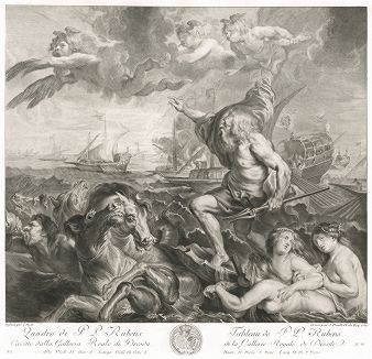 Quos ego! Нептун приказывает ветру утихнуть. Гравюра с картины Питера Пауля Рубенса из серии "Recueil d'estampes d'après les plus célèbres tableaux de la Galerie Royale de Dresde", 1753. 