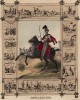 Французский гусар в 1835 году, а также 15 миниатюр со сценами армейского быта, изображённых на картуше (из Esquisses historiques... de l'armée francaise генерала Амбера. Брюссель. 1841 год)