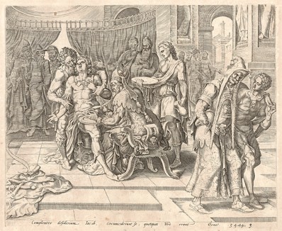 Массовое обрезание по настоянию Иакова. Лист из серии "Theatrum Biblicum" (Библия Пискатора или Лицевая Библия), выпущенной голландским издателем и гравёром Николасом Иоаннисом Фишером (предположительно с оригинальных досок 16 века), Амстердам, 1643