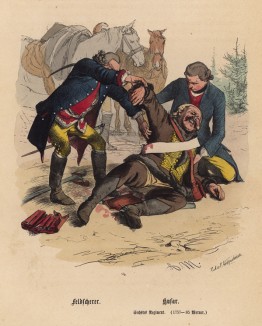 Прусские военные медики помогают раненому (иллюстрация Адольфа Менцеля к известной работе Эдуарда Ланге "Солдаты Фридриха Великого", изданной в Лейпциге в 1853 году)