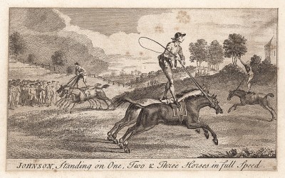 25-летний Томас Джонсон 17 июля 1768 года в Ислингтоне демонстрирует небывалые трюки: на полной скорости он скачет попеременно на одной, двух и трёх лошадях и при этом ещё подкидывает и ловит свою шляпу. Лондон, 1768