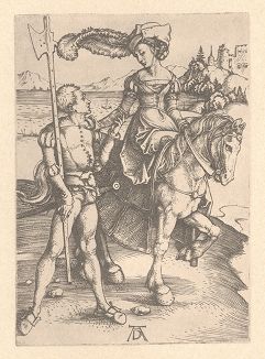 Госпожа на лошади с ландскнехтом. Гравюра Альбрехта Дюрера, выполненная ок. 1497 года (Репринт 1928 года. Лейпциг)
