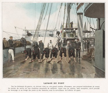 Уход за палубой французского боевого корабля. L'Album militaire. Livraison №8. Marine. La vie à bord. Париж, 1890