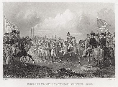 Британский генерал Корнуоллис капитулирует под Йорктауном перед объединенными франко-американскими войсками 19 октября 1781 года. Gallery of Historical and Contemporary Portraits… Нью-Йорк, 1876