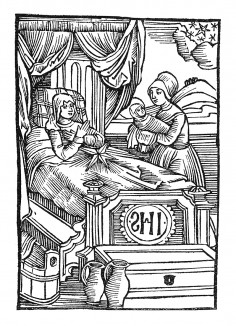 Рождение Святого Вольфганга. Из "Жития Святого Вольфганга" (Das Leben S. Wolfgangs) неизвестного немецкого мастера. Издал Johann Weyssenburger, Ландсхут, 1515