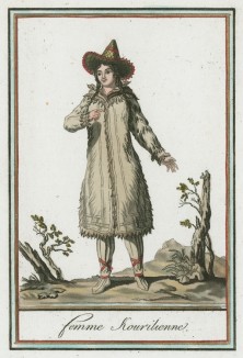 Жительница Курильских островов середины XVIII века (иллюстрация к работе Costumes civils actuels de tous les peuples..., изданной в Париже в 1788 году)