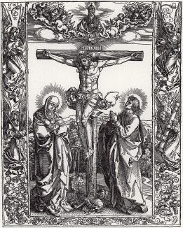 Христос на кресте в обрамлении из ангелов (гравюра Альбрехта Дюрера)
