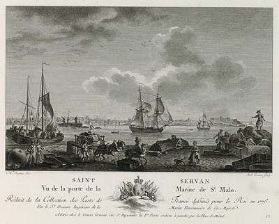 Морской порт Сен-Серван в бухте Сен-Мало (лист 12 из альбома гравюр Nouvelles vues perspectives des ports de France..., изданного в Париже в 1791 году)