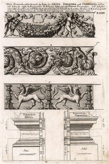 Некоторые орнаменты для фризов ионического, коринфского и композитного ордеров. Пьедесталы для ионической и коринфской колонн.