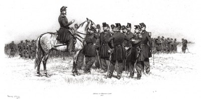 Офицеры французских егерей в полевой форме образца 1853 года (из Types et uniformes. L'armée françáise par Éduard Detaille. Париж. 1889 год)