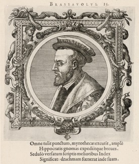 Антонио Муза Брассавола -- итальянский врач XVI века, впервые диагностировавший сифилис (лист 35 иллюстраций к известной работе Medicorum philosophorumque icones ex bibliotheca Johannis Sambuci, изданной в Антверпене в 1603 году)