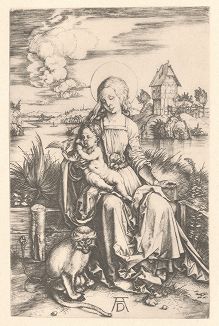 Мадонна с младенцем и обезьяной. Гравюра Альбрехта Дюрера, выполненная ок. 1498-1499 годов (Репринт 1928 года. Лейпциг)