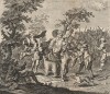 Первое приключение Гудибраса. Сцена 2. Рыцарь Гудибрас и Ральфо под влиянием благородного порыва, пытаются освободить медведя. Но сами становятся его жертвами. Иллюстрация к поэме «Гудибрас». Лондон, 1732