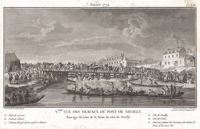 Вид на старый мост в пригороде Парижа Нёйи-сюр-Сен во время ремонтных работ в 1774 году.
