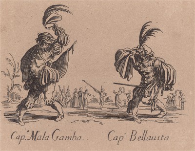 Капитан Мала Гамба и капитан Беллавита (Cap. Mala Gamba - Cap. Bellavita). Из цикла офортов конца 19 века, выполненного по серии гравюр Жака Калло "Balli Di Sfessania" (Танцы беззадых (бескостных)), в которой он изобразил персонажей итальянской "Комедии д