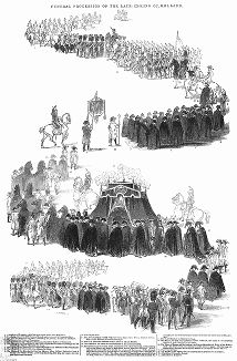 Похоронная процессия Виллема I первого короля Нидерландов (1772 -- 1843 гг.), который ввиду своей непопулярности счел за лучшее передать корону своему старшему сыну Виллему II в 1840 году (The Illustrated London News №91 от 27/01/1844 г.)